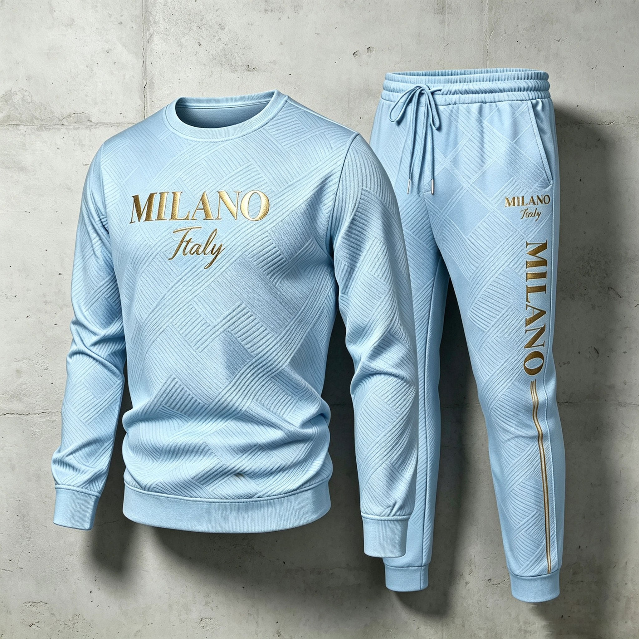 para hombre Blue Crew-Neck de manga larga camisa and Long pantalón Set