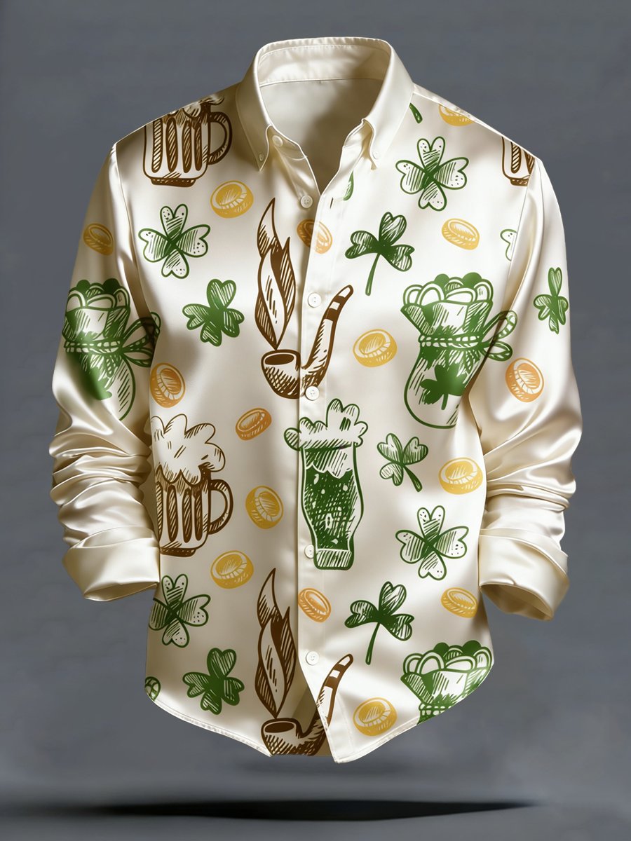 Camisa de lujo St. Patrick's Day estampado de manga larga para hombre