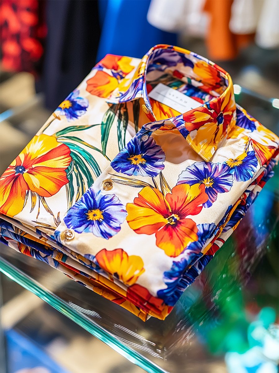 Camisa satén Luxe hawaiano estampado de manga corta Button para hombre