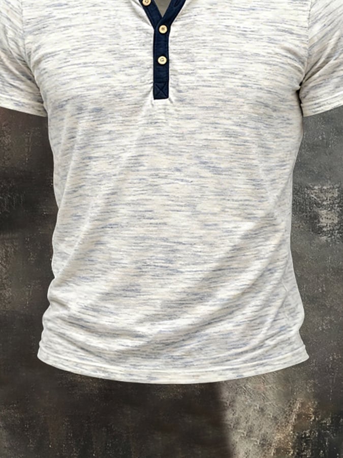 Retro en bloques de color Double-Layer Henley cuello de manga corta Top para hombre