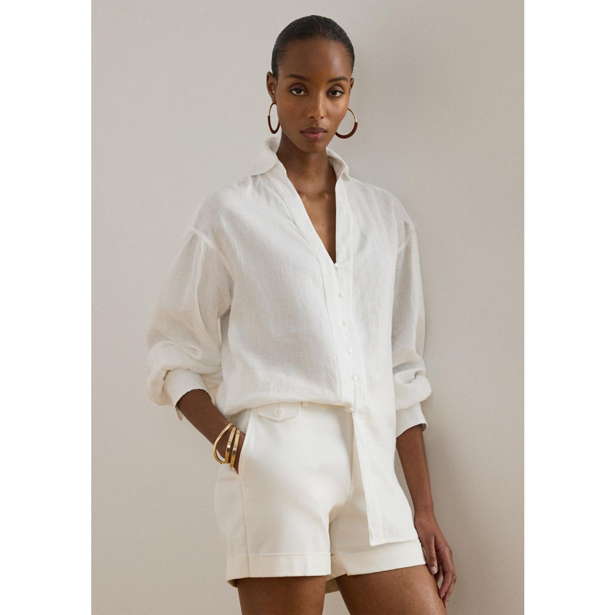 Women's Linen Blouson-Sleeve Shirt - 1
