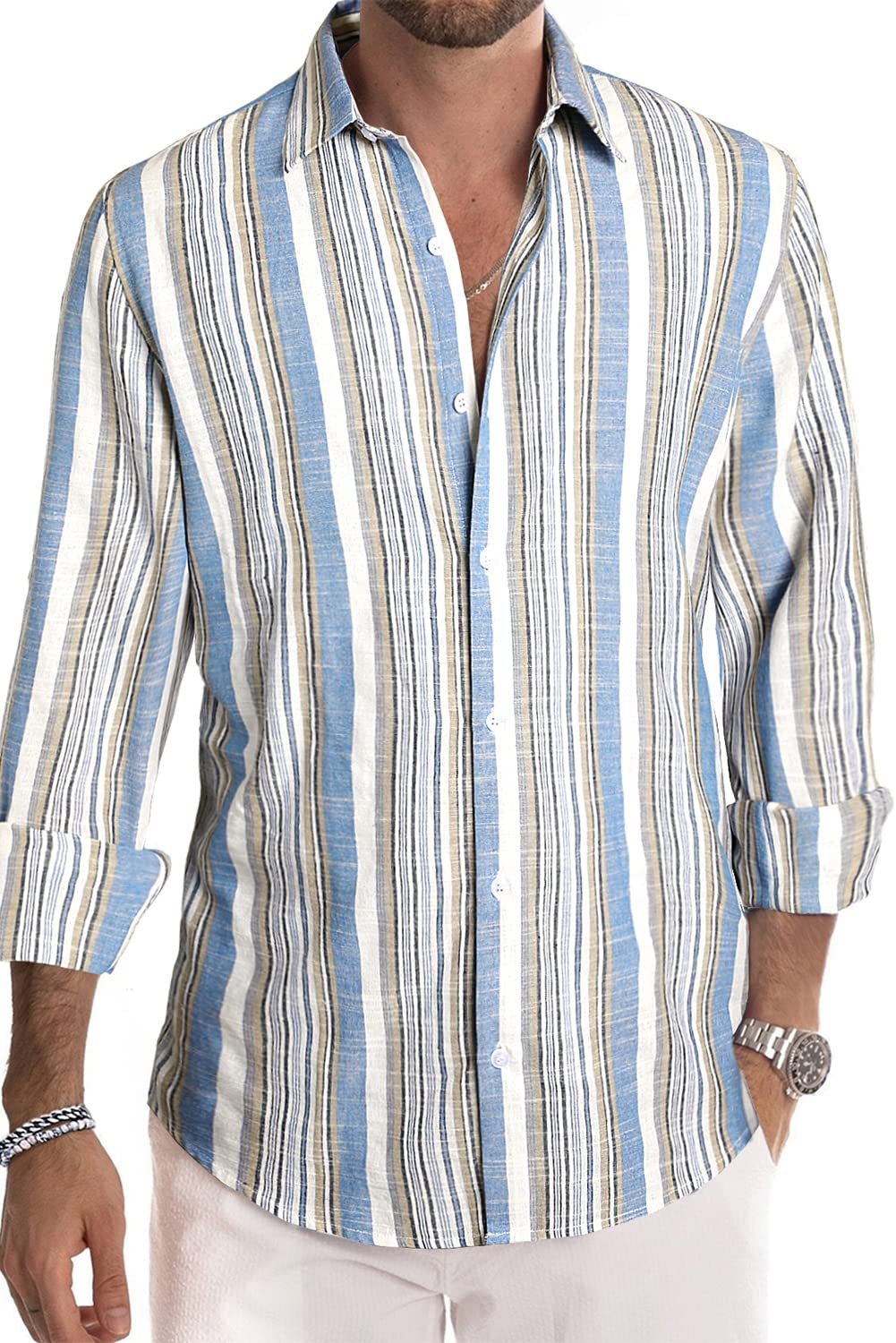 Camisa de vestir JMIERR de lino camisas casual de manga larga con botones a rayas para hombre