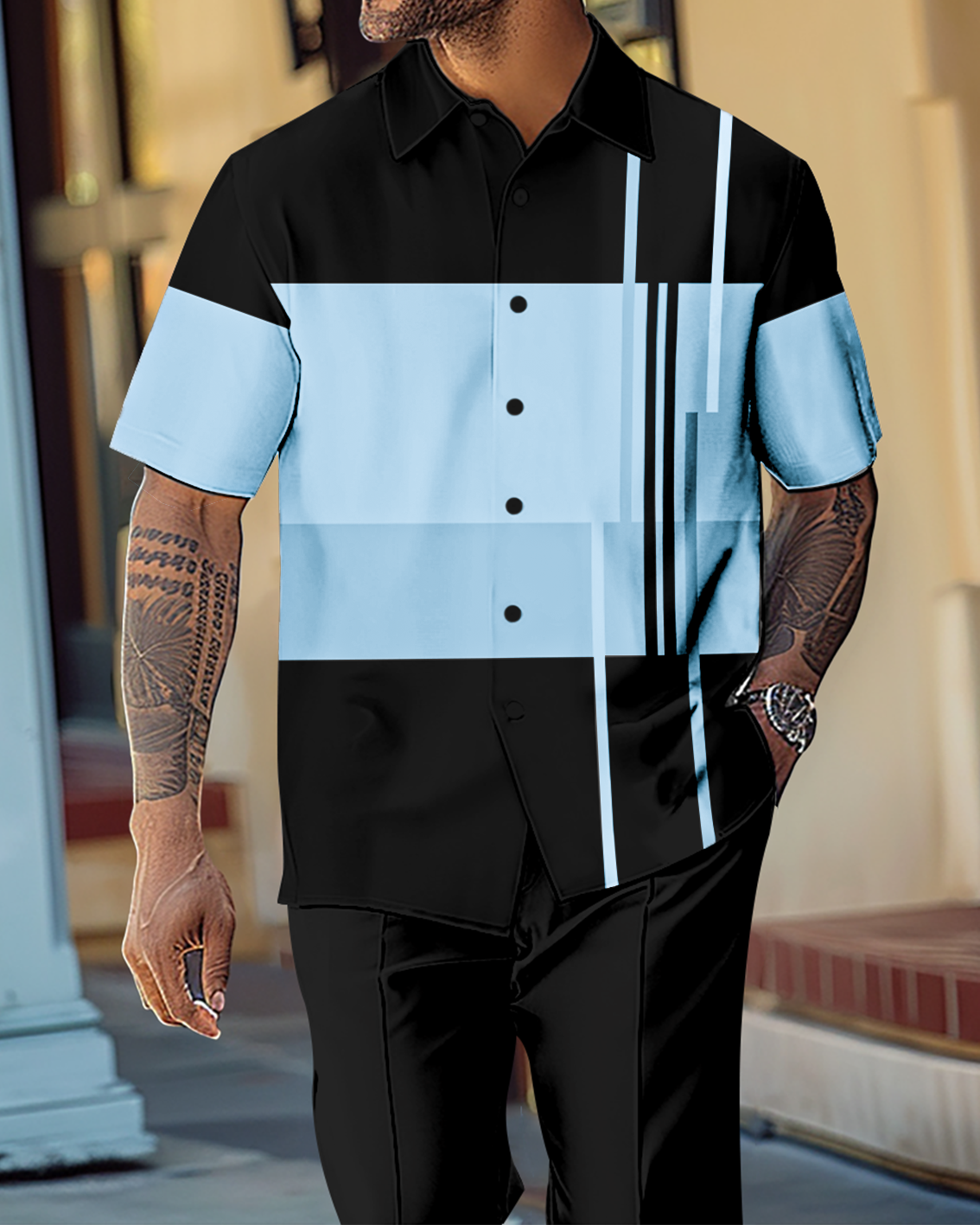 Camisa Gradient en bloques de color de manga corta Walking Suit 1143 para hombre