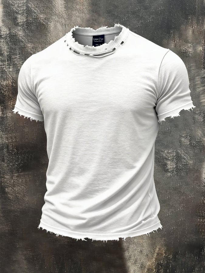 Camiseta de moda Ripped cuello redondo de manga corta para hombre