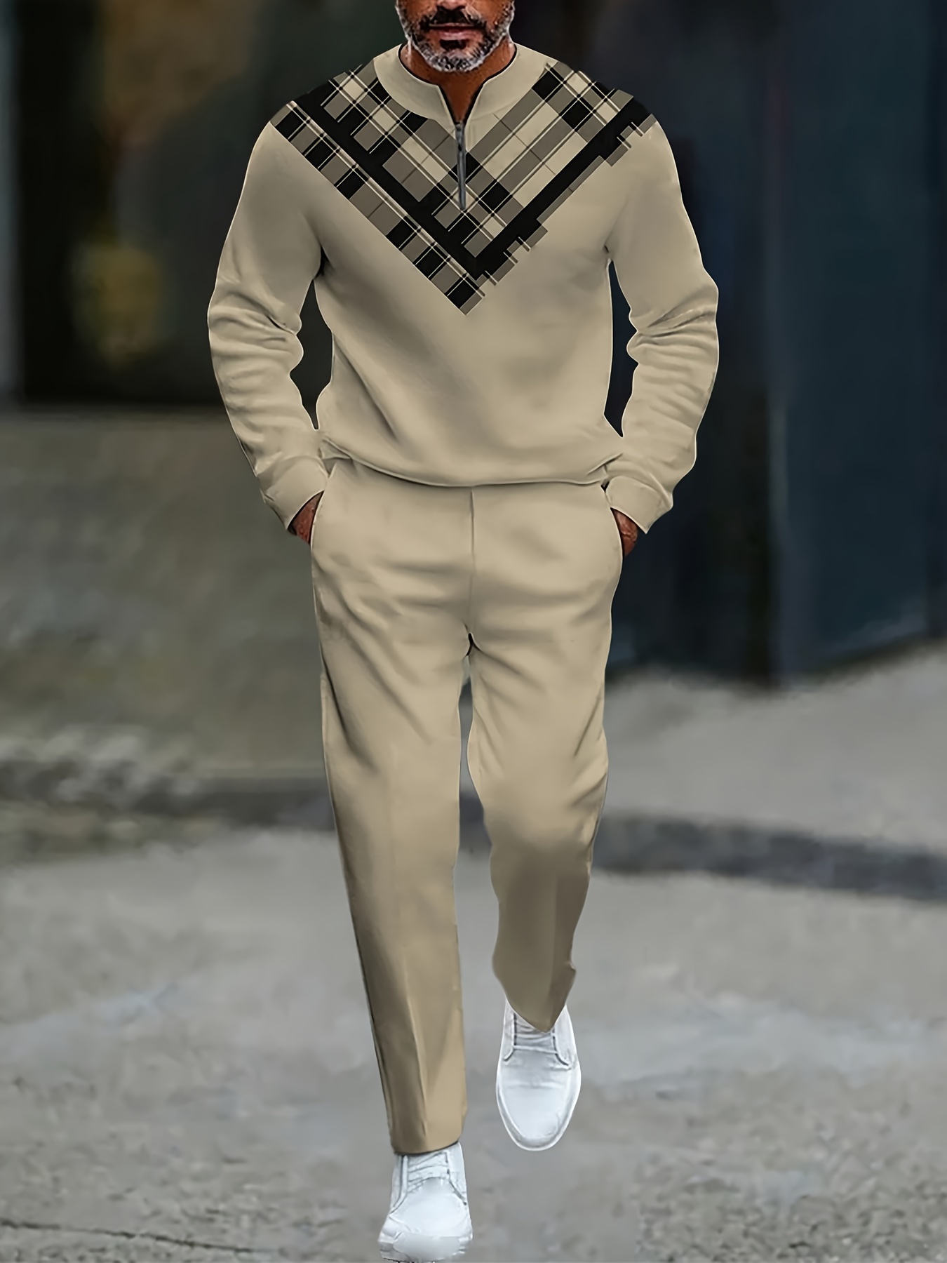 Conjunto de dos piezas casual Color Matching Checked estampado Round-Neck Zipper de manga larga Trousers Khaki para hombre