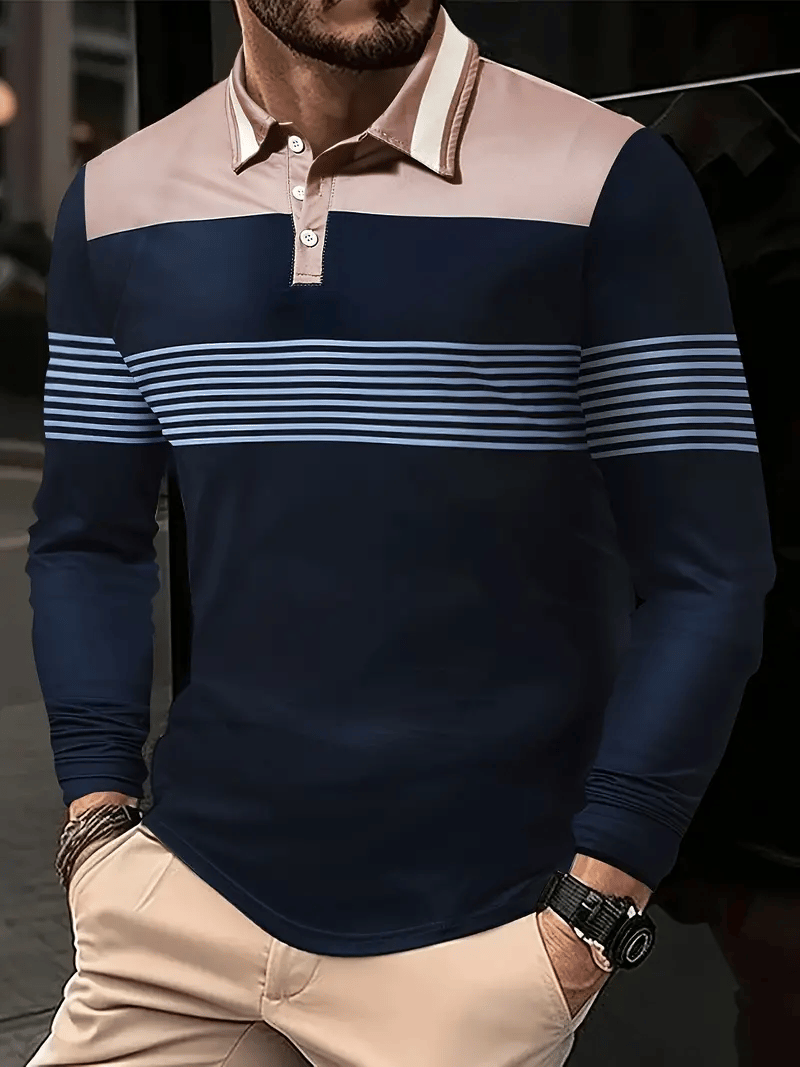 Camisa polo ejecutivo casual a rayas de manga larga para hombre