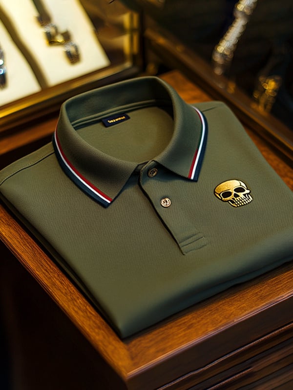 Camisa polo ejecutivo casual Skull estampado con botones para hombre