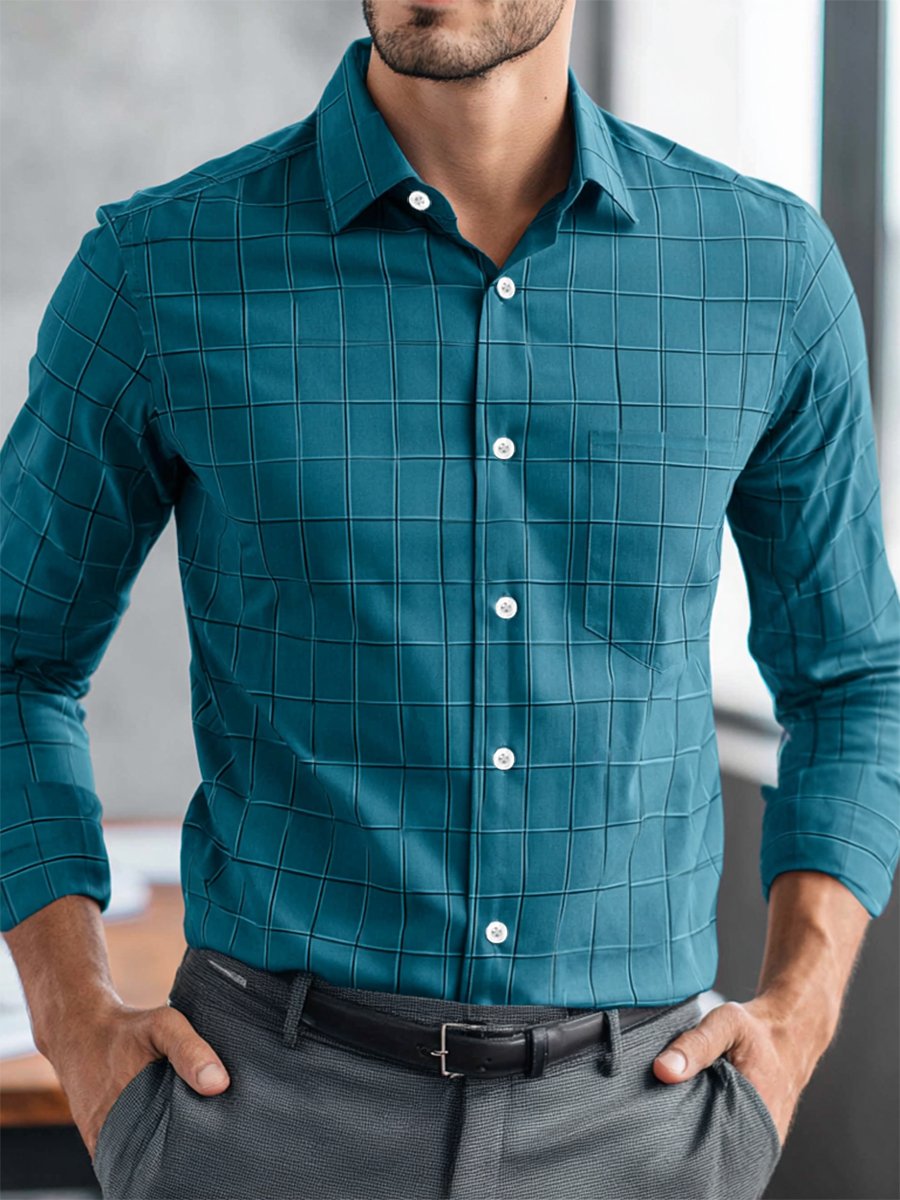Camisa casual ejecutivo a cuadros de manga larga para hombre