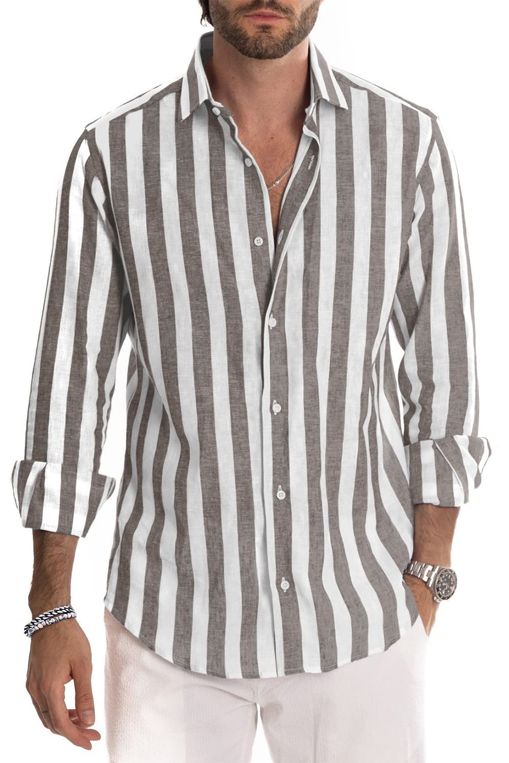 Camisa de vestir JMIERR de lino camisas casual de manga larga con botones a rayas para hombre