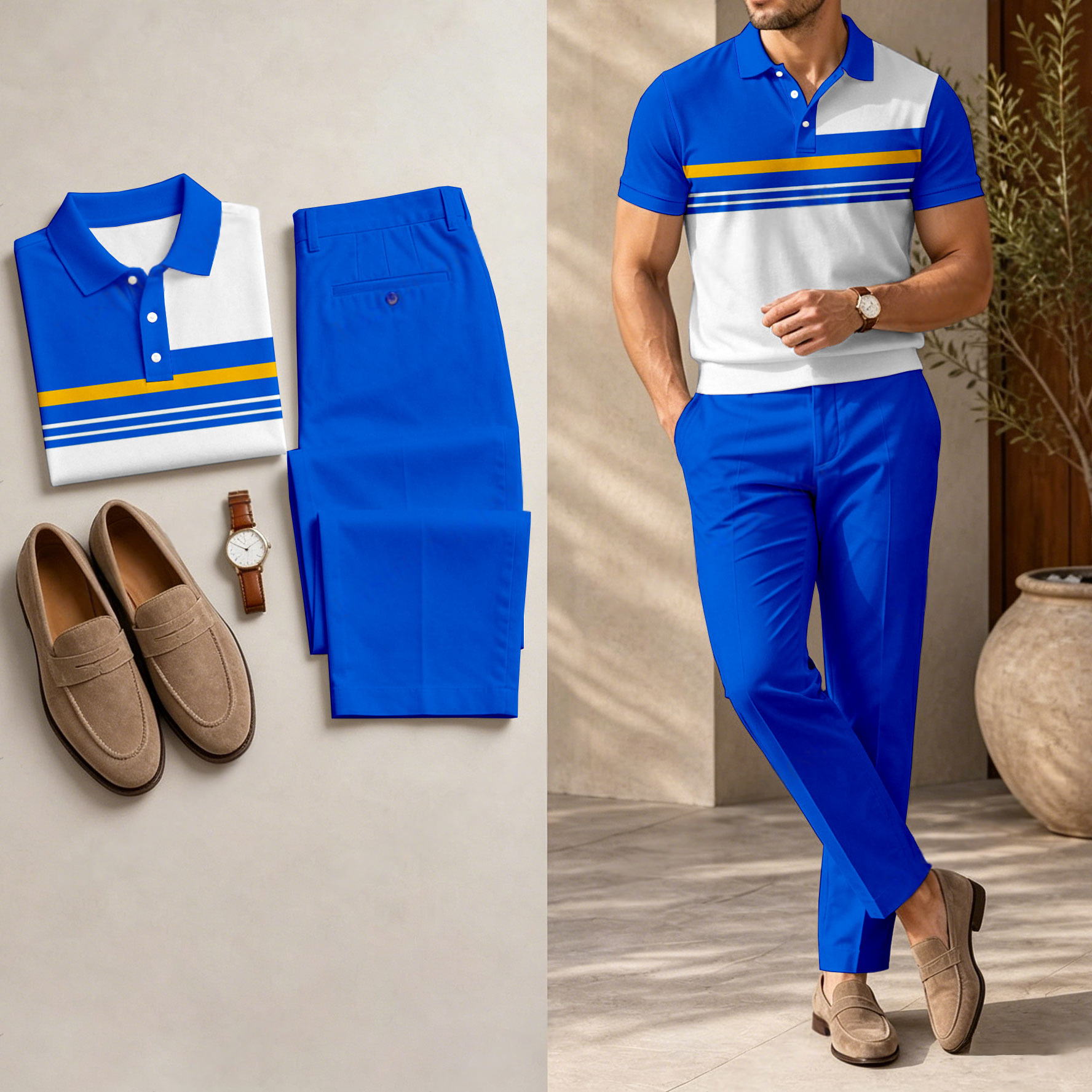 Conjunto de dos piezas casual Royal Blue estampado camisa polo And pantalón para hombre