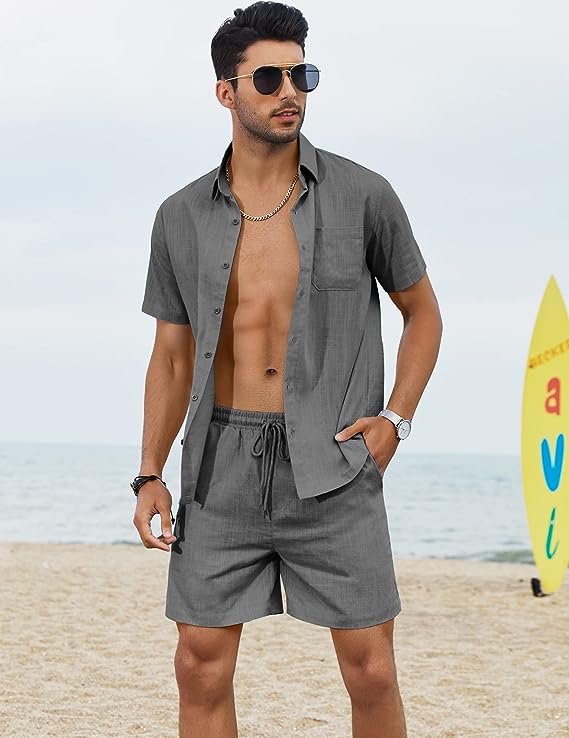 Shorts Khaki de lino Drawstring casual de manga corta Set para hombre