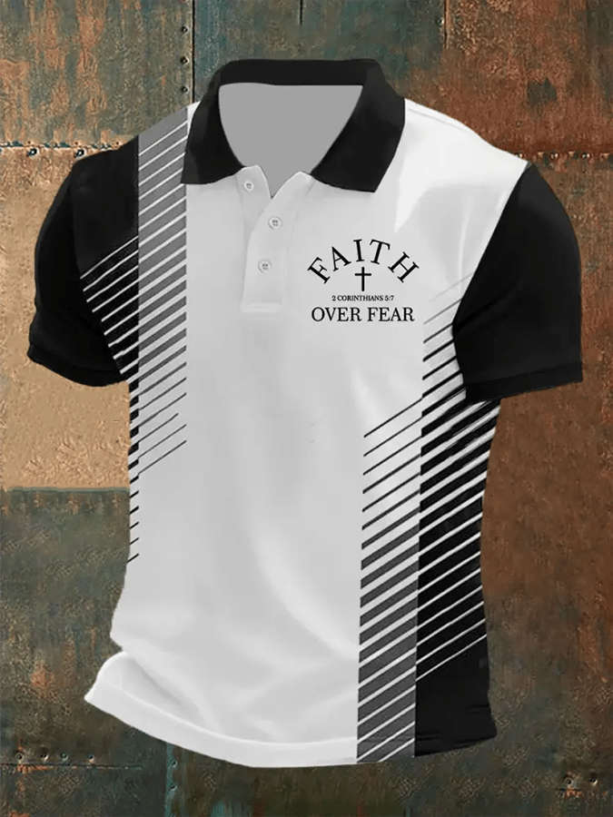 Camisa polo retro Faith “Faith Over Fear�? casual estampado para hombre