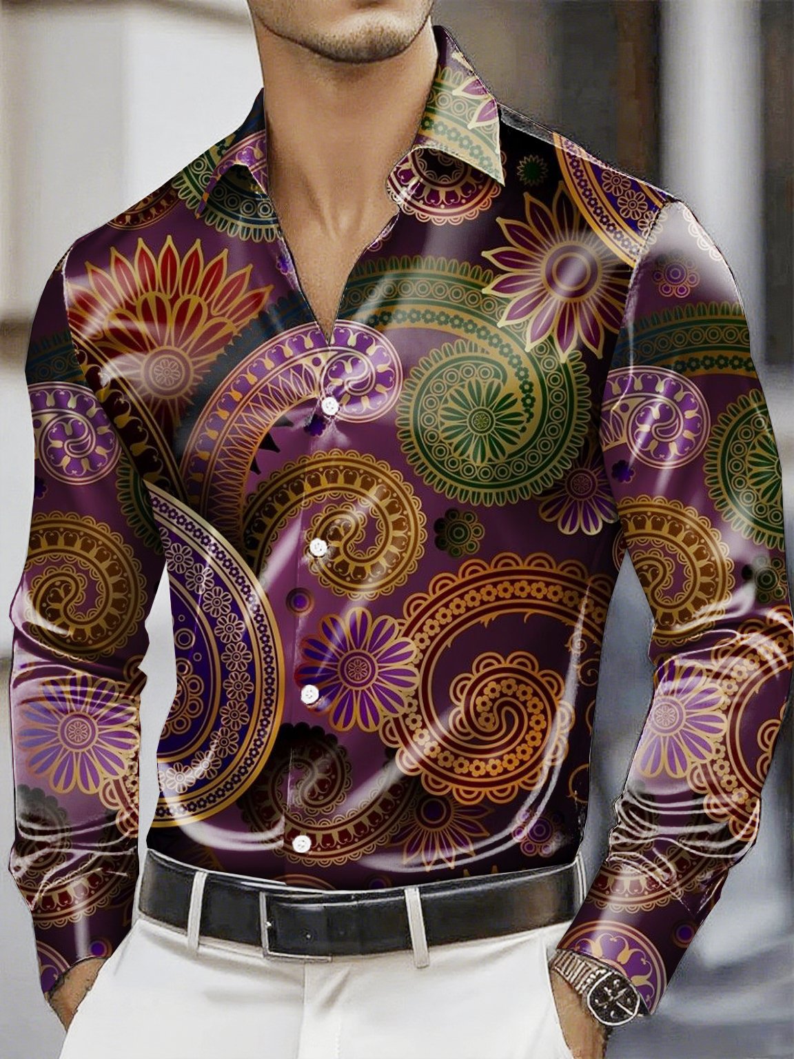 Camisa satén Luxe de manga larga con botones para hombre