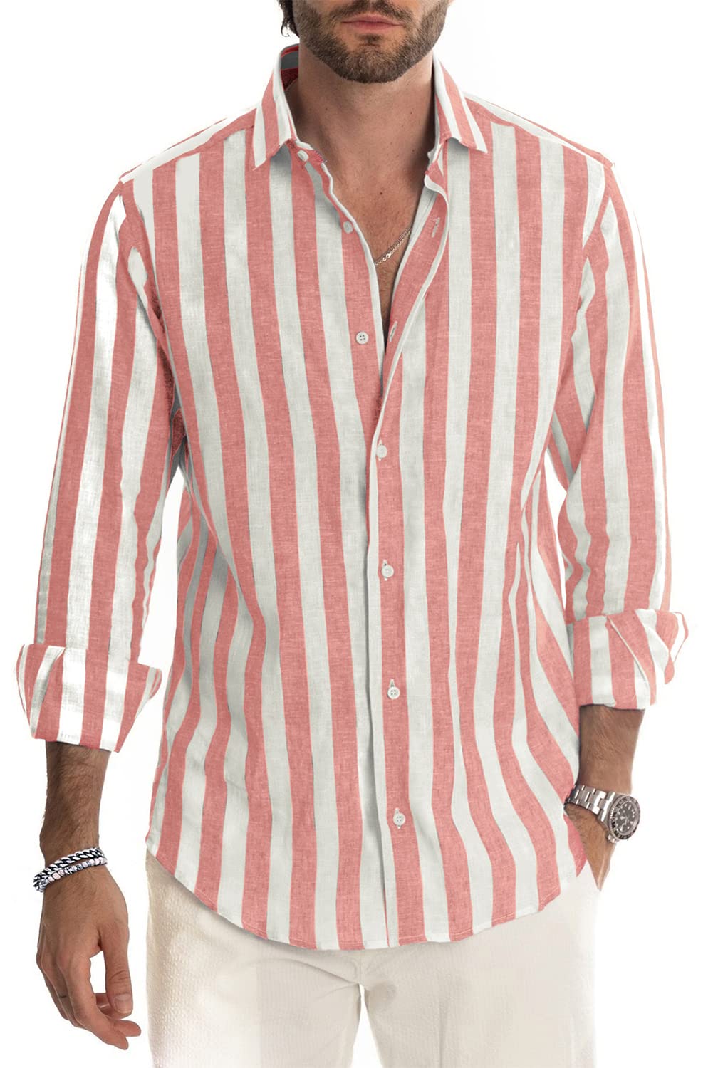 Camisa de vestir JMIERR de lino camisas casual de manga larga con botones a rayas para hombre