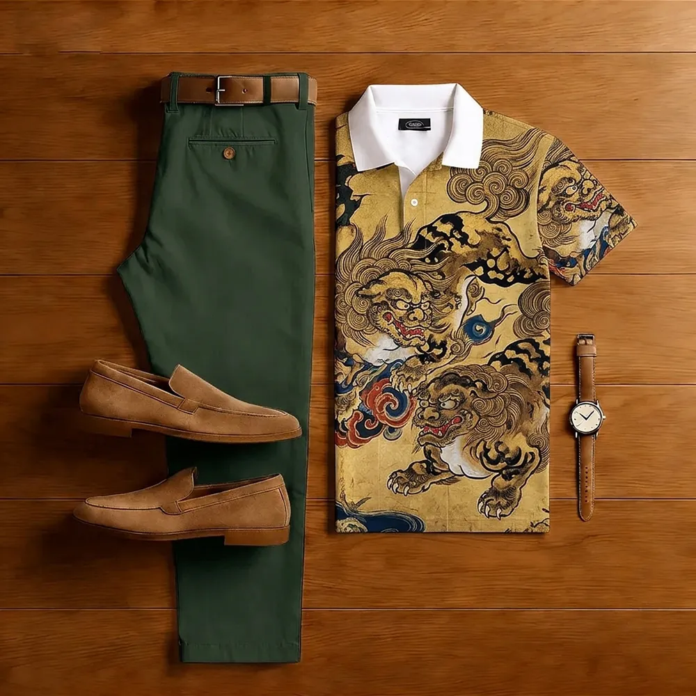 Conjunto de dos piezas casual Brown Dragon estampado de manga corta camisa polo And Trousers para hombre