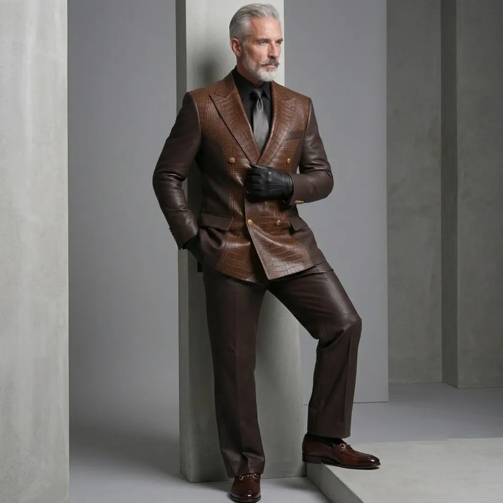 para hombre Dark Brown PU Leather Crocodile Pattern Peak Lapel Double-Breasted Two-Tone saco