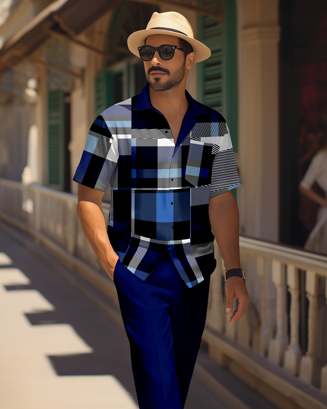 Camisa retro colorblock de manga corta walking Suit 1700 para hombre