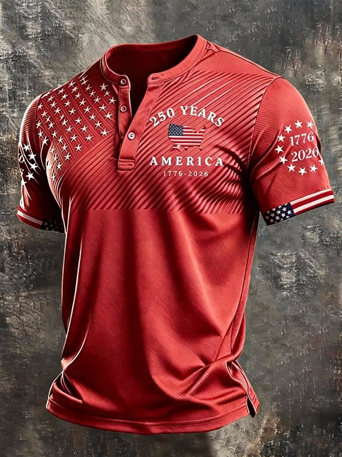 Camisa retro Patriotic Color-Block de manga corta Henley para hombre