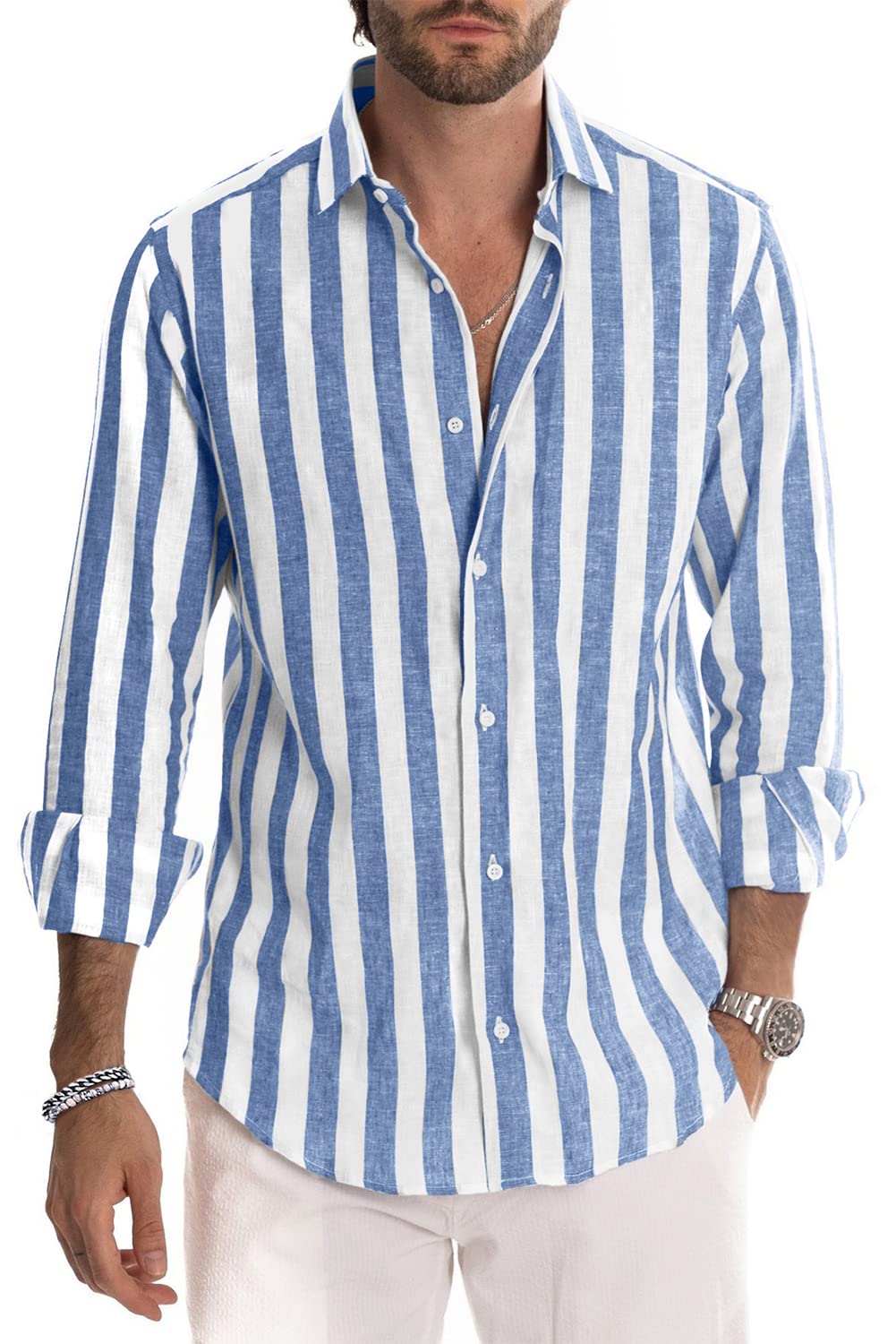 Camisa de vestir JMIERR de lino camisas casual de manga larga con botones a rayas para hombre