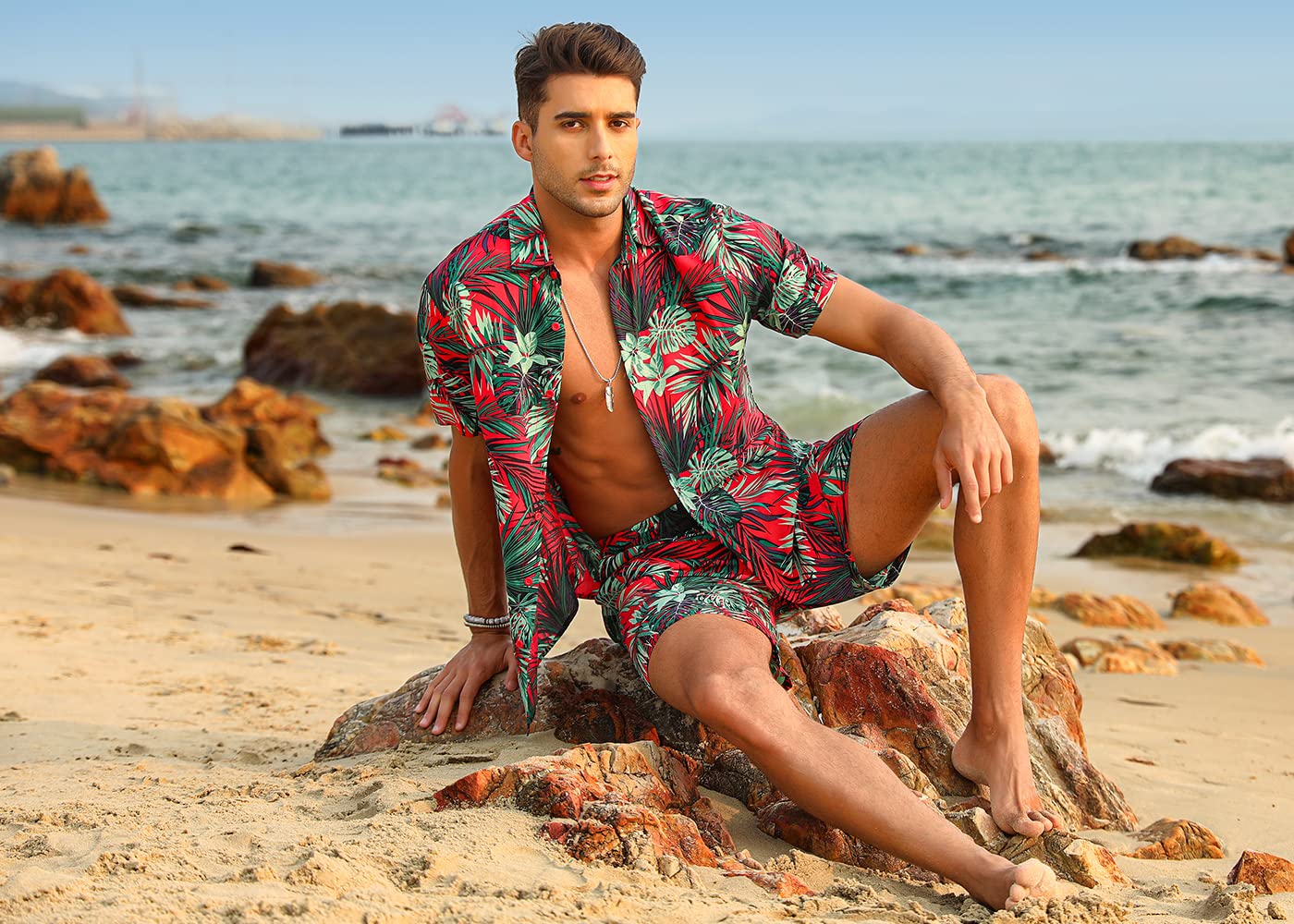 Camisa casual Apricot Vacation Style & shorts Set para hombre