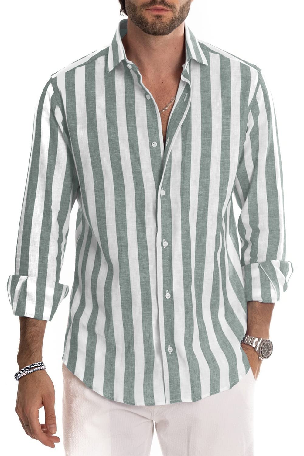 Camisa de vestir JMIERR de lino camisas casual de manga larga con botones a rayas para hombre
