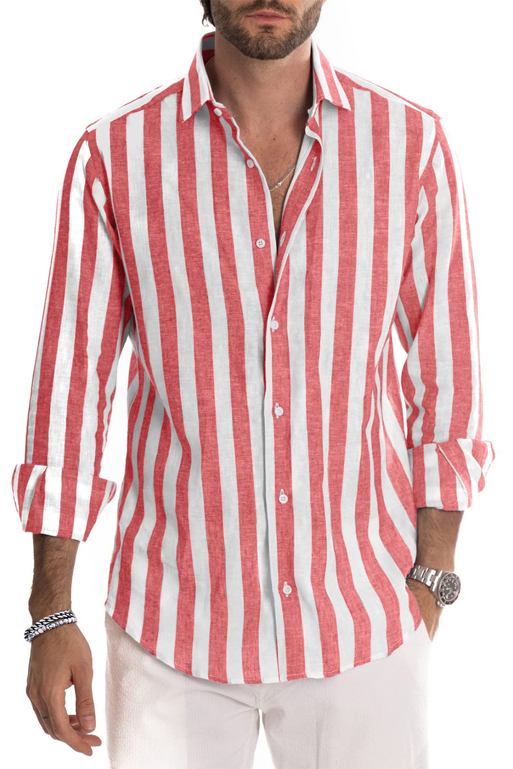 Camisa de vestir JMIERR de lino camisas casual de manga larga con botones a rayas para hombre