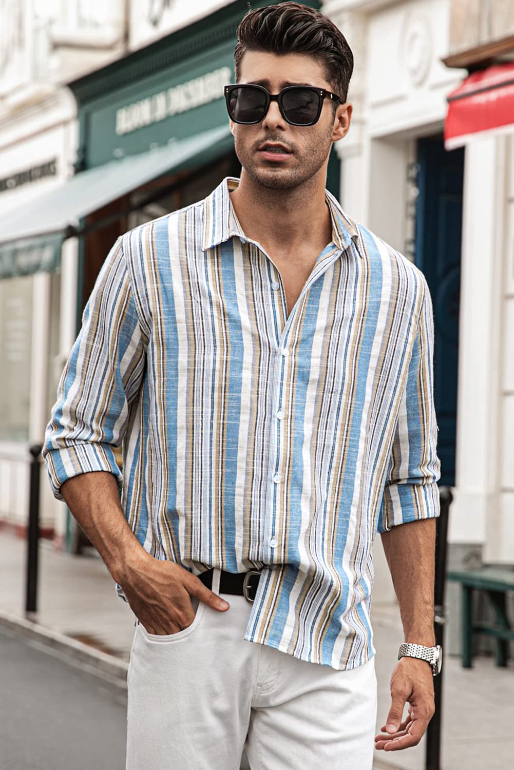 Camisa de vestir JMIERR de lino camisas casual de manga larga con botones a rayas para hombre