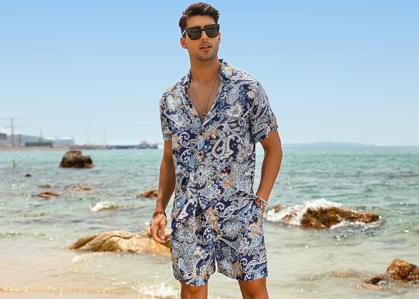 Camisa casual Apricot Vacation Style & shorts Set para hombre