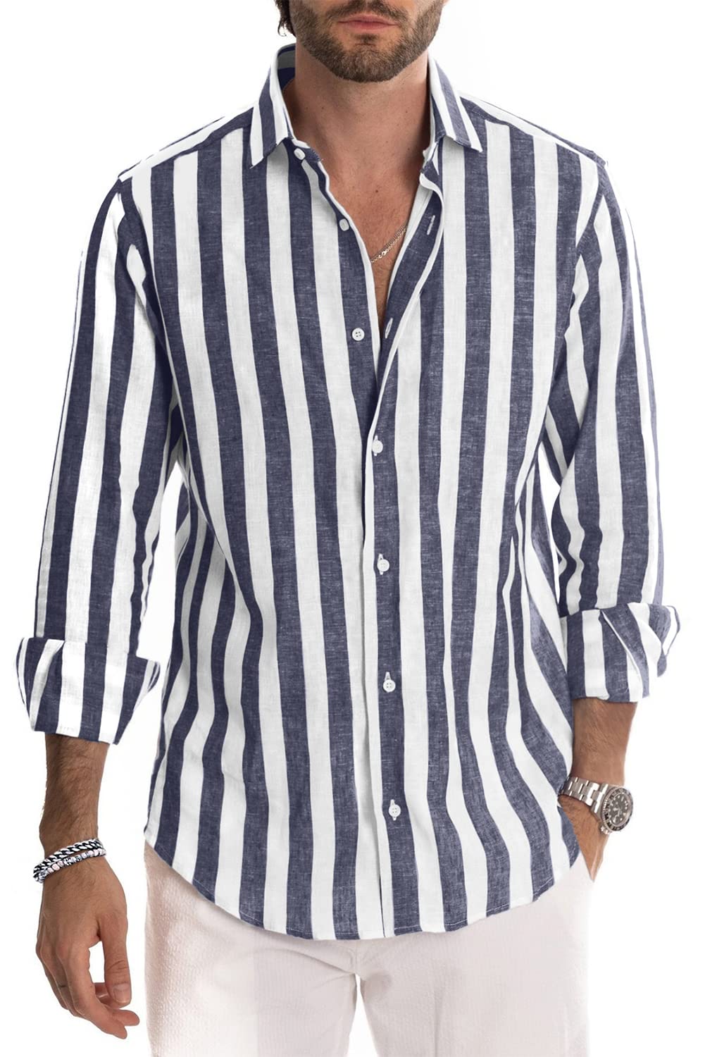 Camisa de vestir JMIERR de lino camisas casual de manga larga con botones a rayas para hombre
