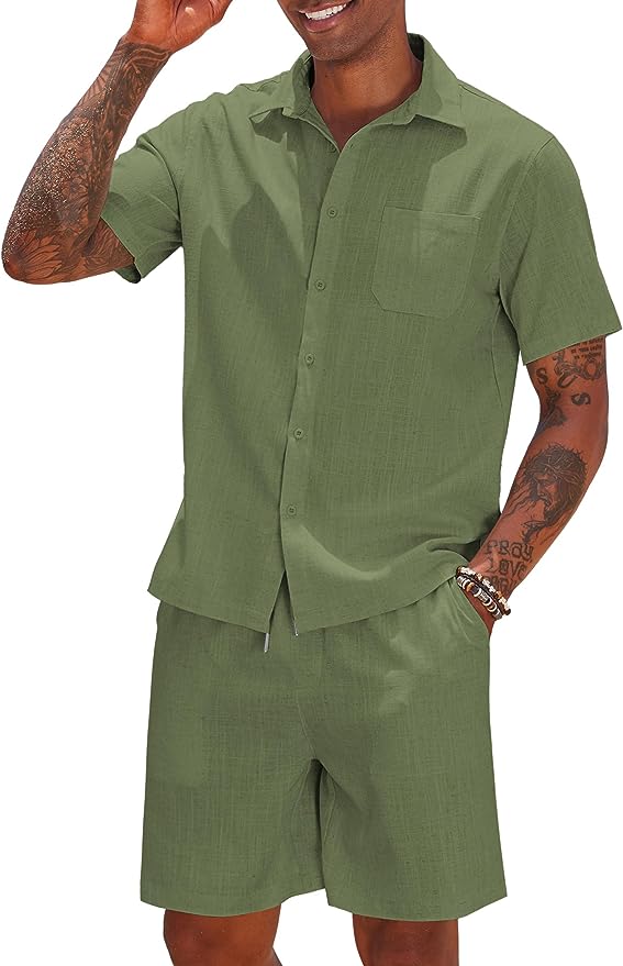 Shorts Khaki de lino Drawstring casual de manga corta Set para hombre