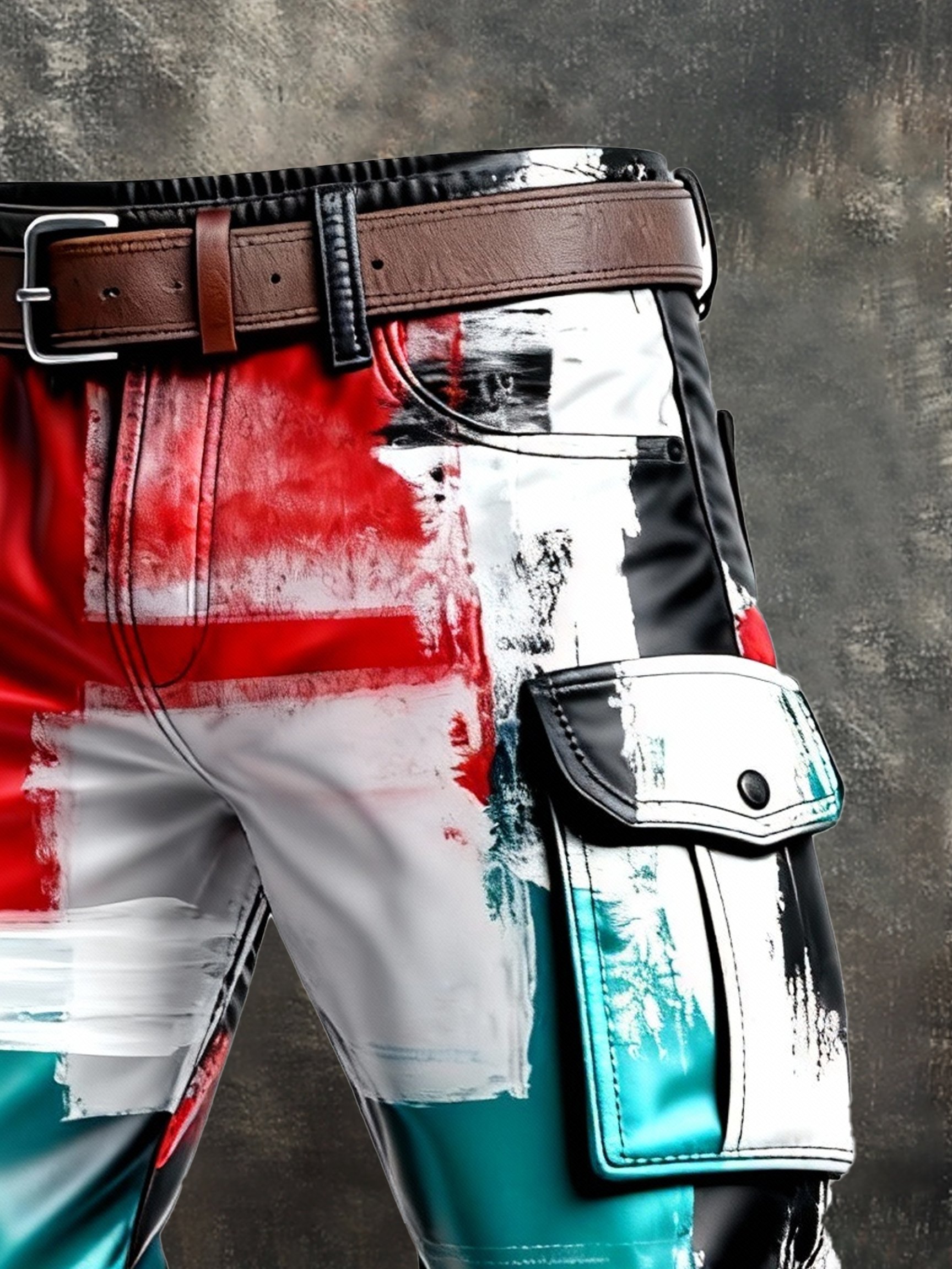 Pantalón retro en bloques de color desgastado bolsillo Cargo para hombre