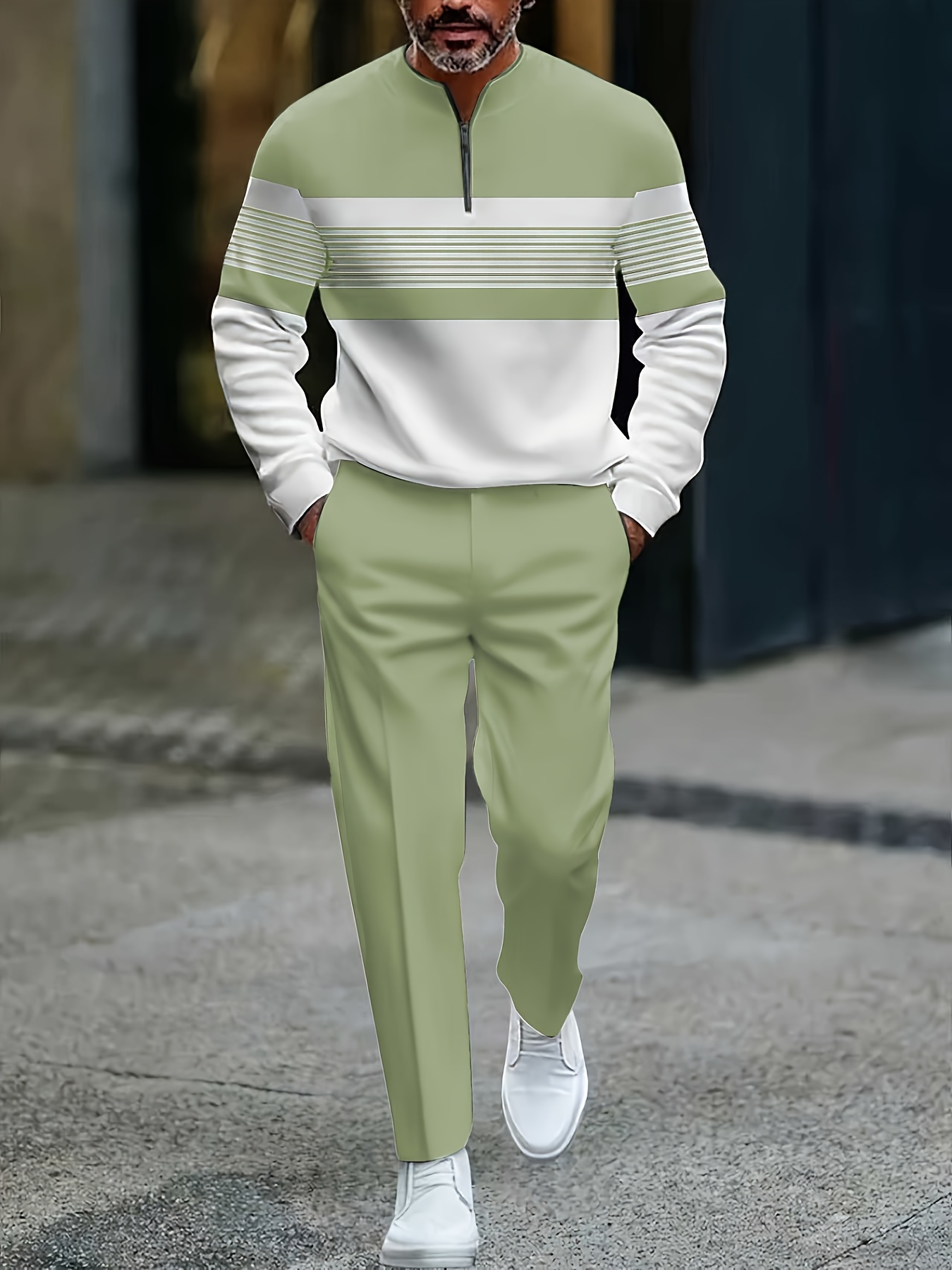 Conjunto de dos piezas casual Light Green & White Color Matching geométrico estampado Round-Neck cierre de manga larga Tops & Trousers para hombre
