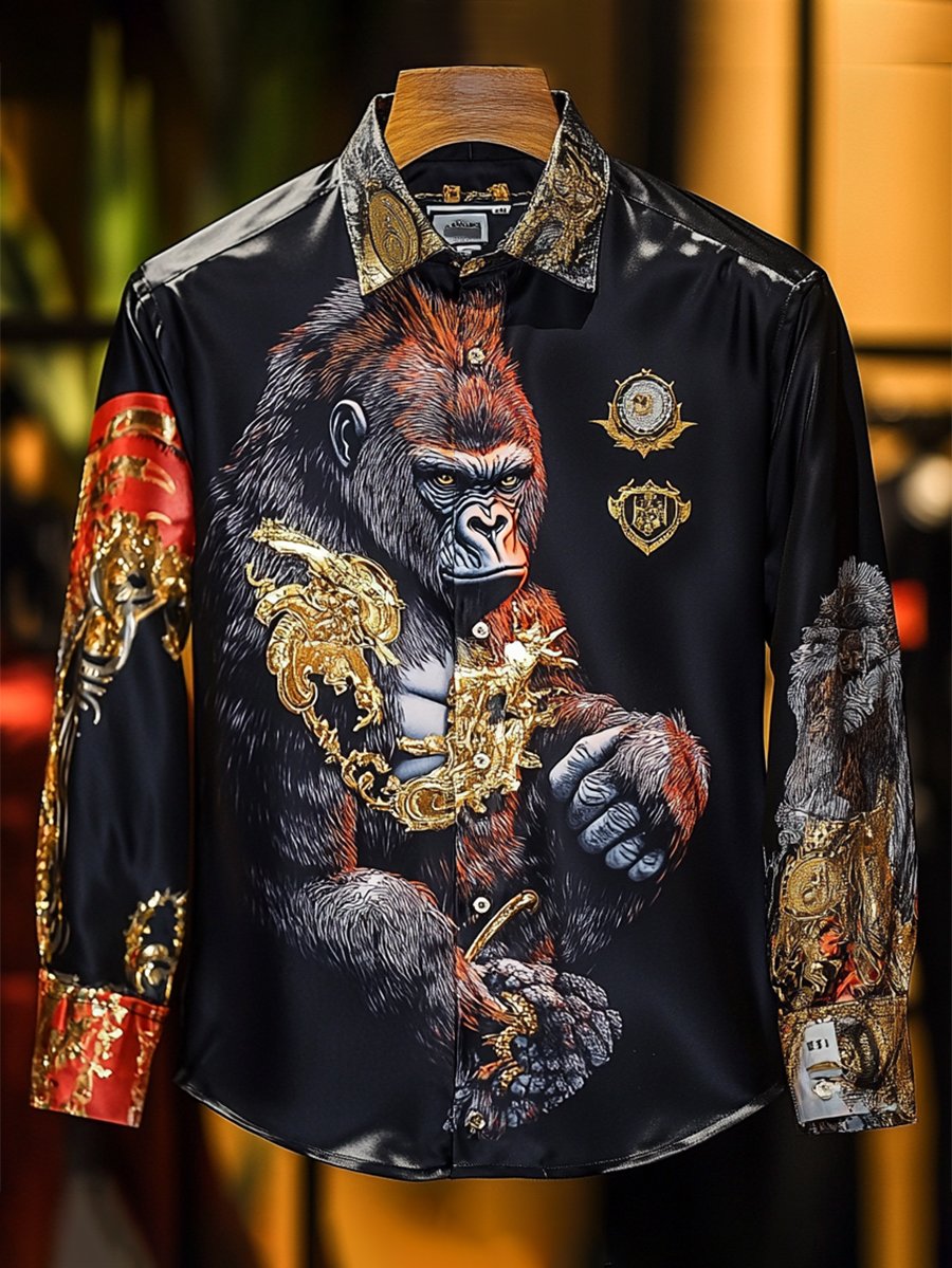 Camisa satén Luxe Orangutan de manga larga con botones para hombre