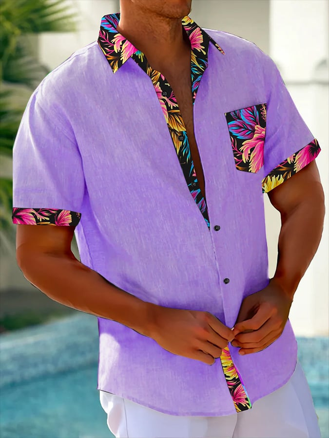Camisa Resort Style Contrast estampado casual de manga corta para hombre