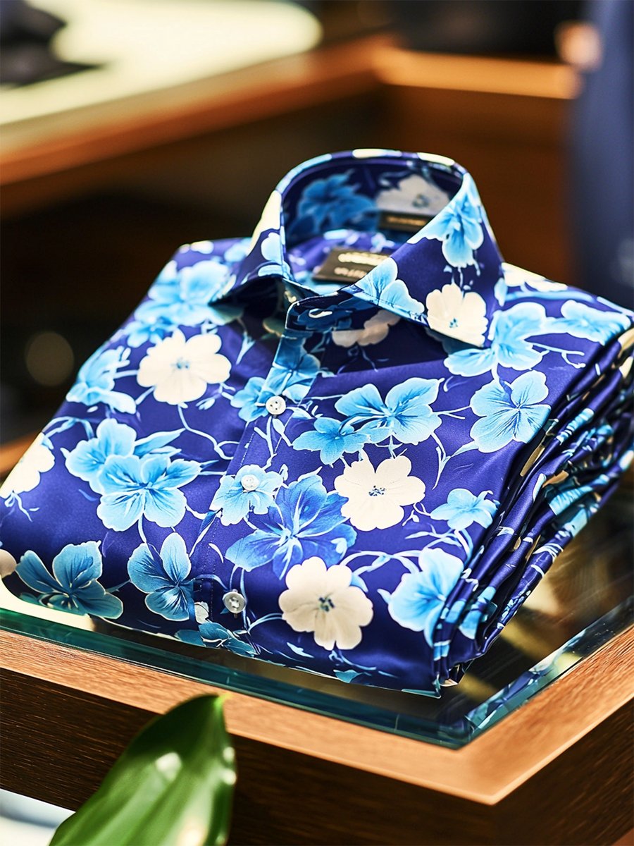 Camisa satén Luxe hawaiano estampado de manga corta Button para hombre