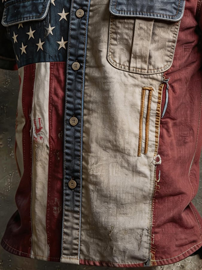 Camisa Split American Flag Patchpara trabajo desgastado de manga corta , vintage Button Up casual Top para hombre