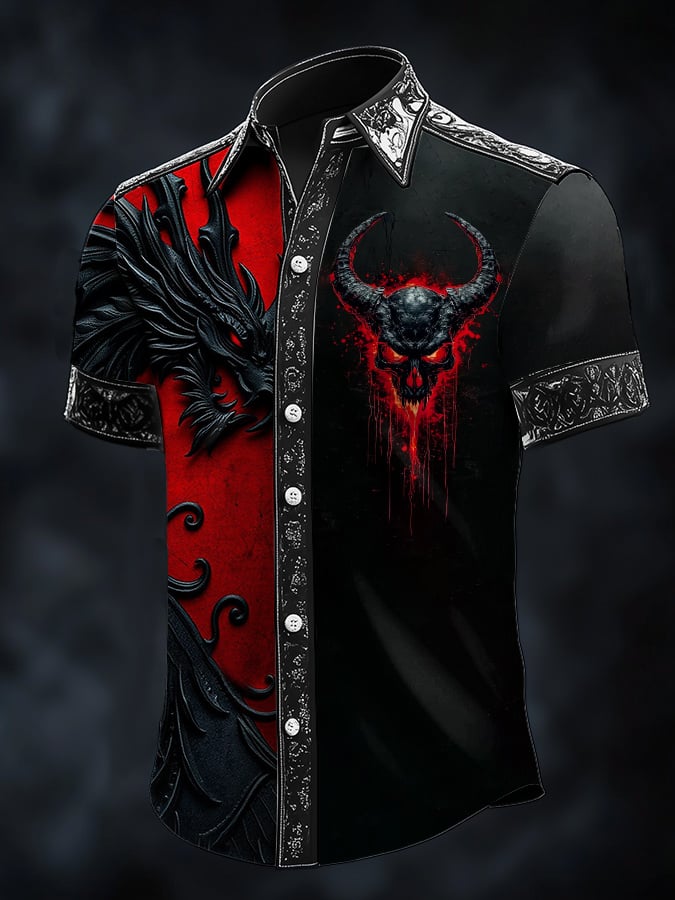Camisa casual Dark Viking Dragon estampado satén para hombre