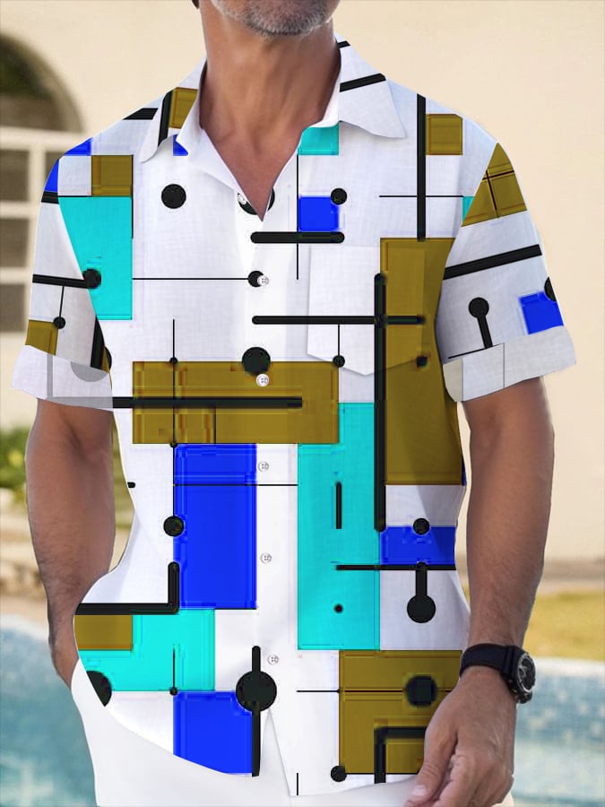 Camisa Geometric estampado de moda Lapel de manga corta