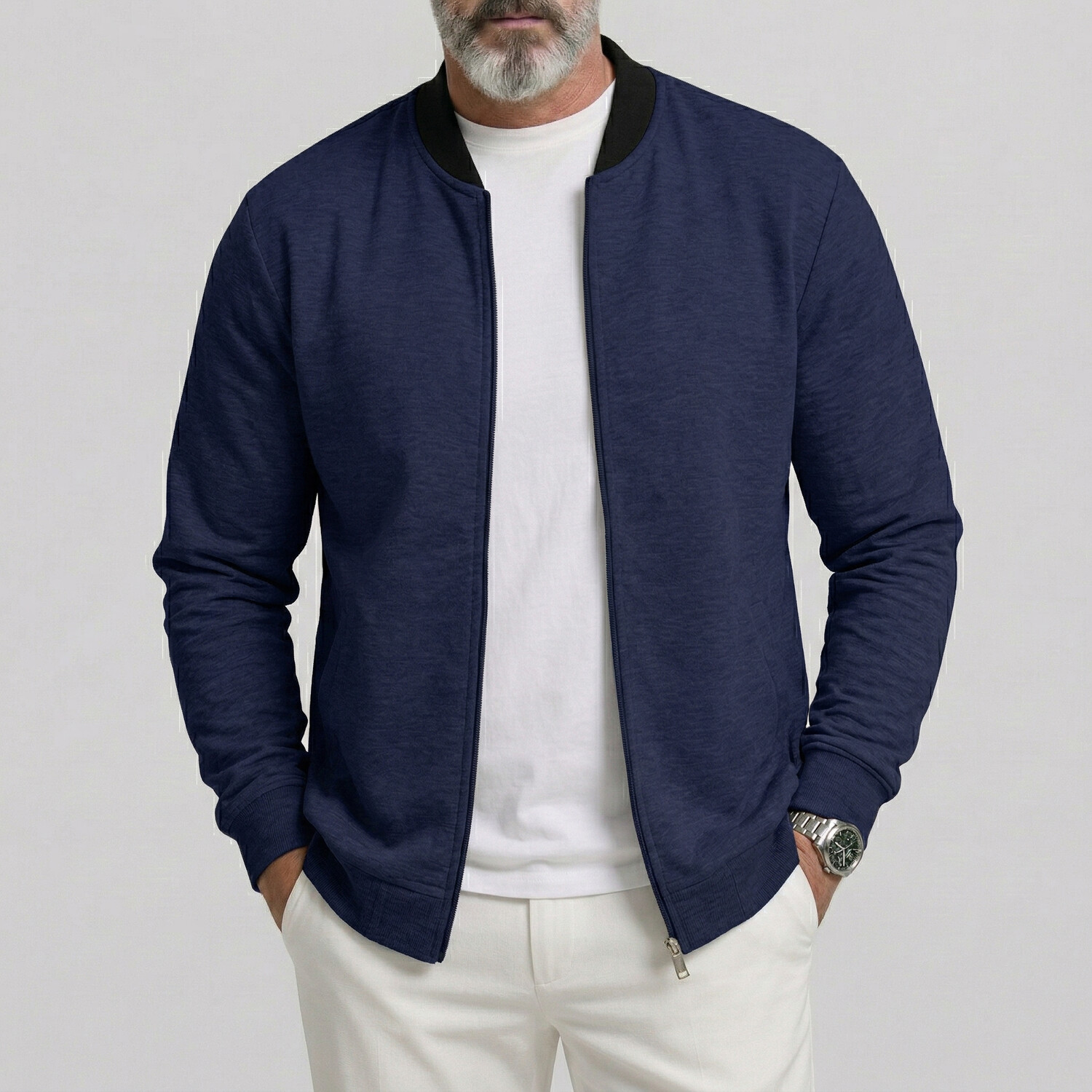 Chaqueta de color sólido Baseball Collar Utility Pocket de corte entallado casual Zipper para hombre