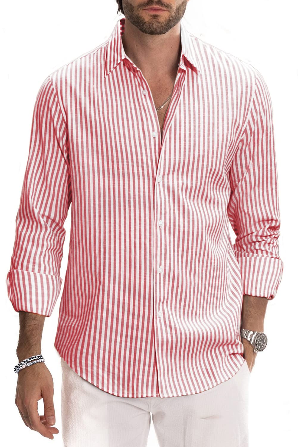 Camisa de vestir JMIERR de lino camisas casual de manga larga con botones a rayas para hombre