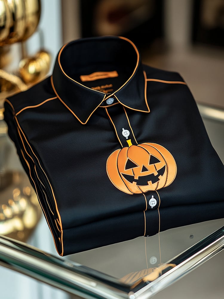 Camisa ejecutivo casual Pumpkin estampado solapa de manga larga para hombre