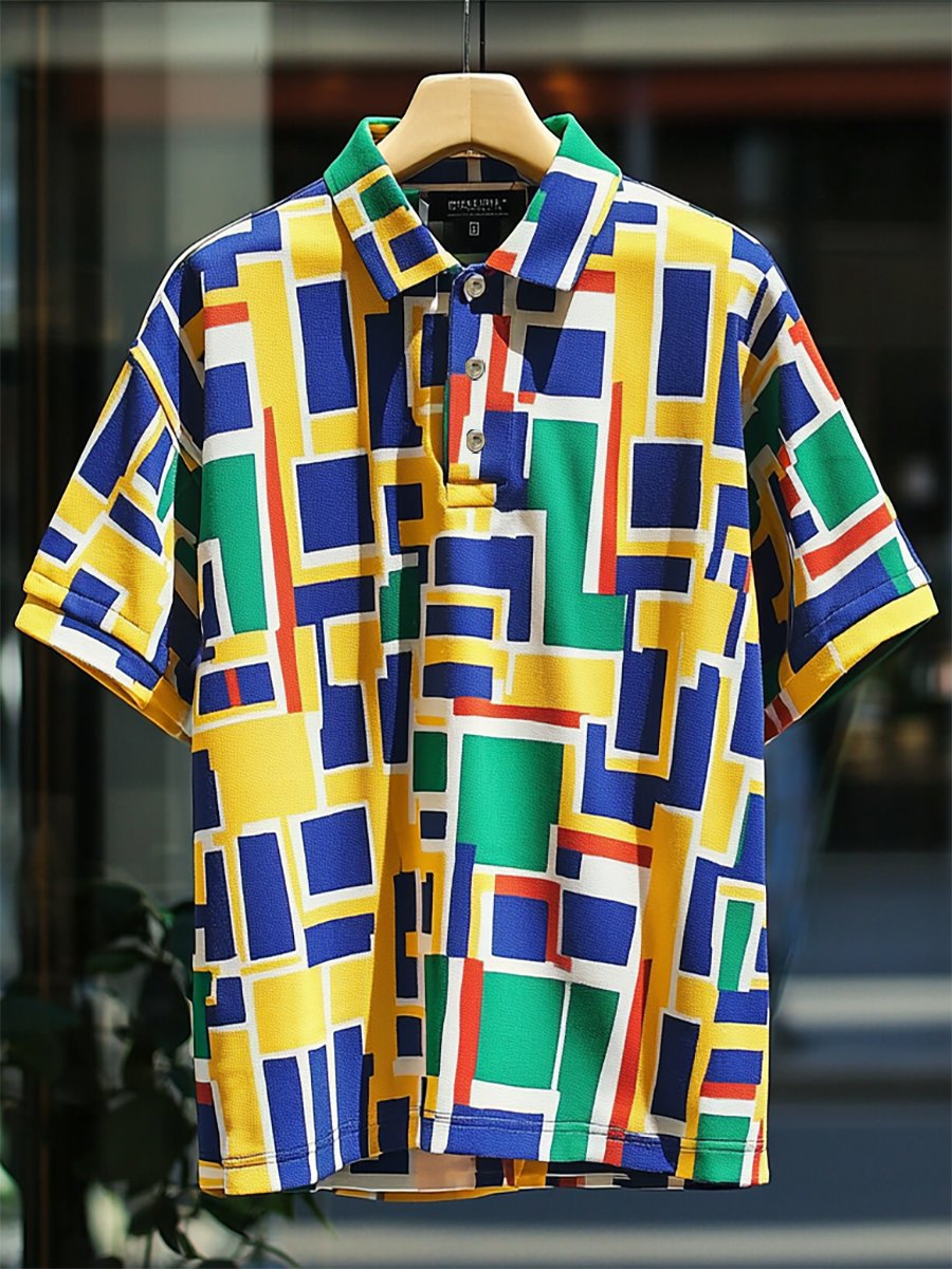 Camisa polo ejecutivo casual Bauhaus estampado Button de manga corta para hombre