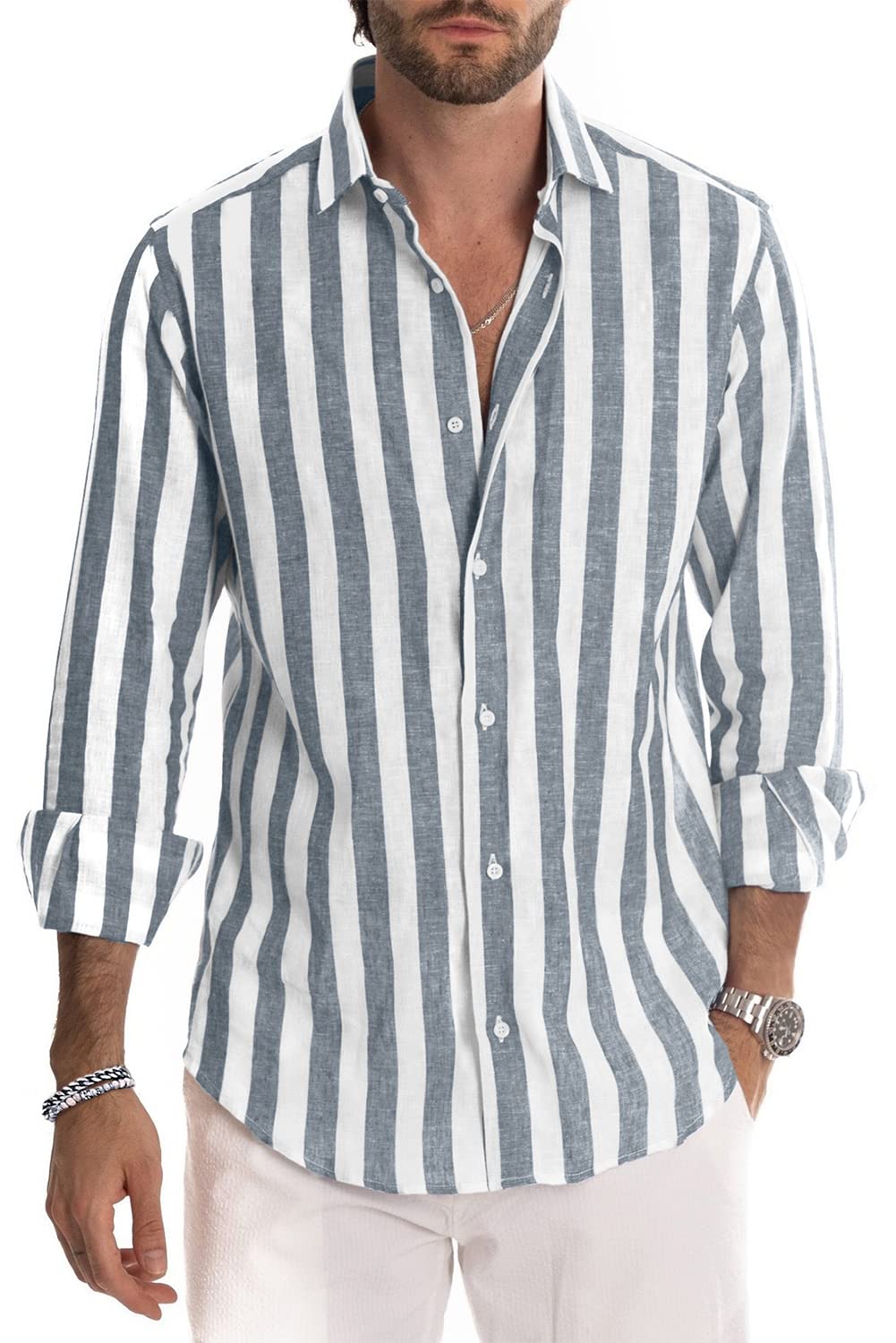 Camisa de vestir JMIERR de lino camisas casual de manga larga con botones a rayas para hombre