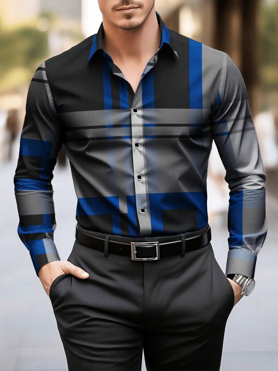Camisa Street Style ejecutivo casual estampado de manga larga para hombre