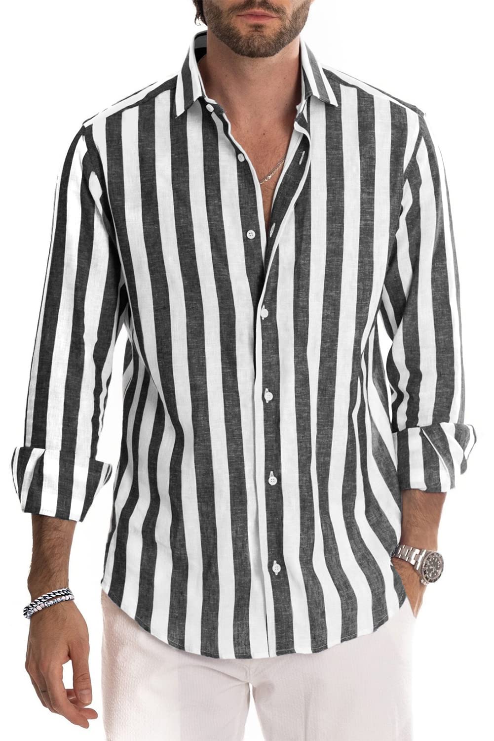 Camisa de vestir JMIERR de lino camisas casual de manga larga con botones a rayas para hombre