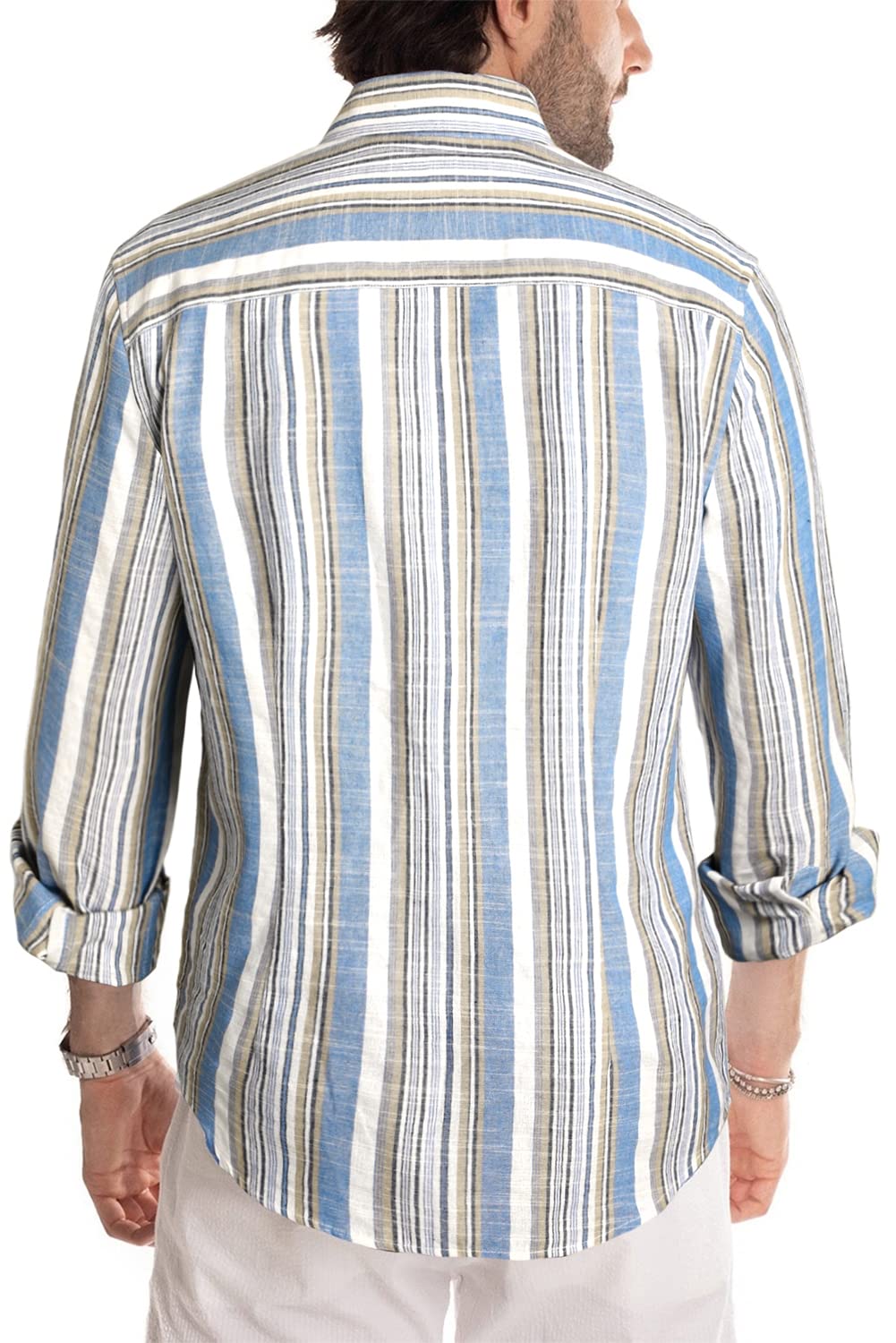 Camisa de vestir JMIERR de lino camisas casual de manga larga con botones a rayas para hombre
