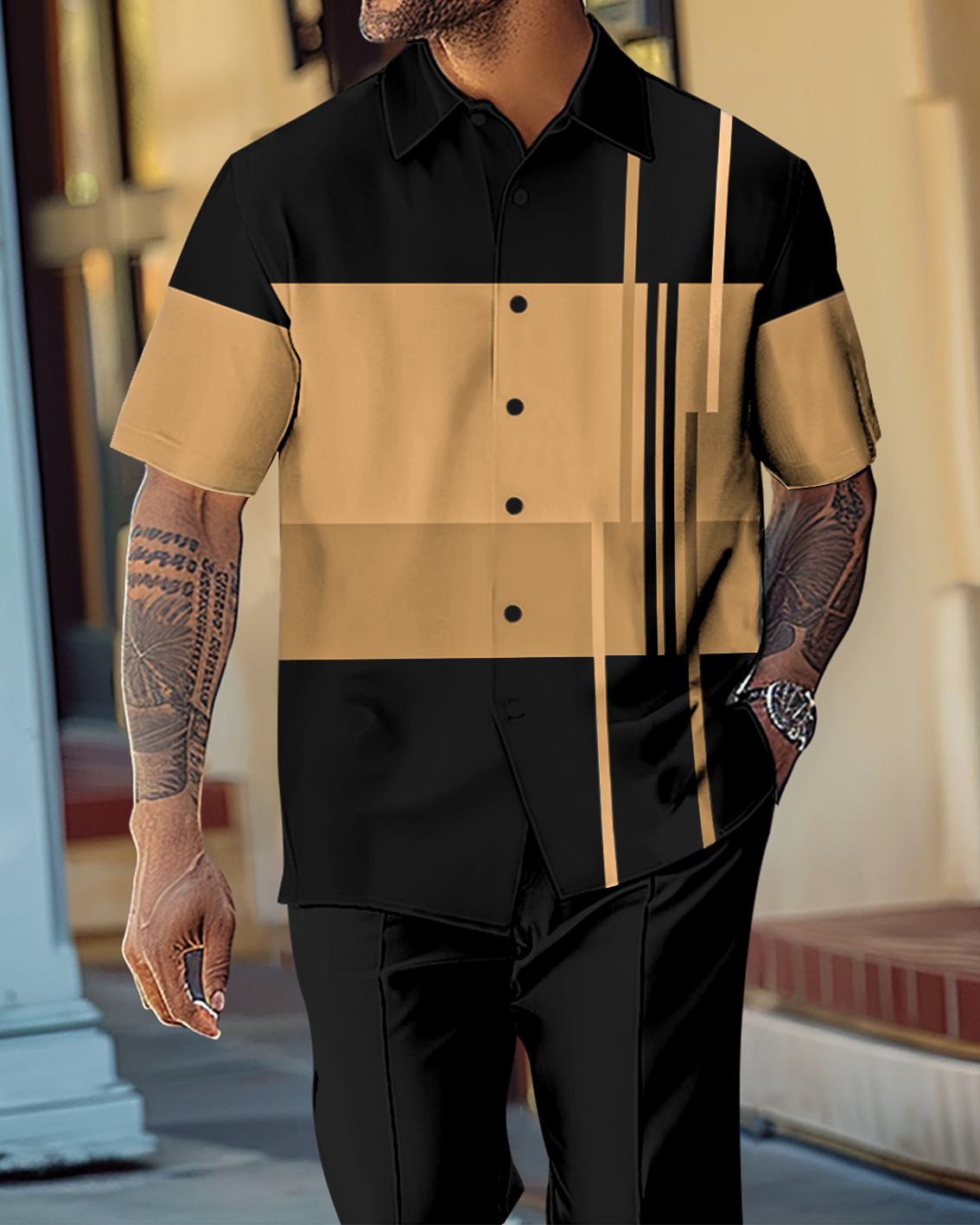 Camisa Gradient en bloques de color de manga corta Walking Suit 1143 para hombre