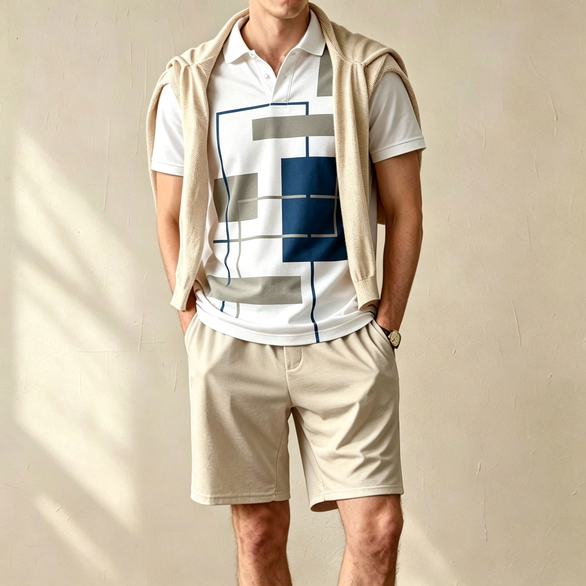 Conjunto de dos piezas casual Geometric estampado de manga corta camisa polo and shorts para hombre