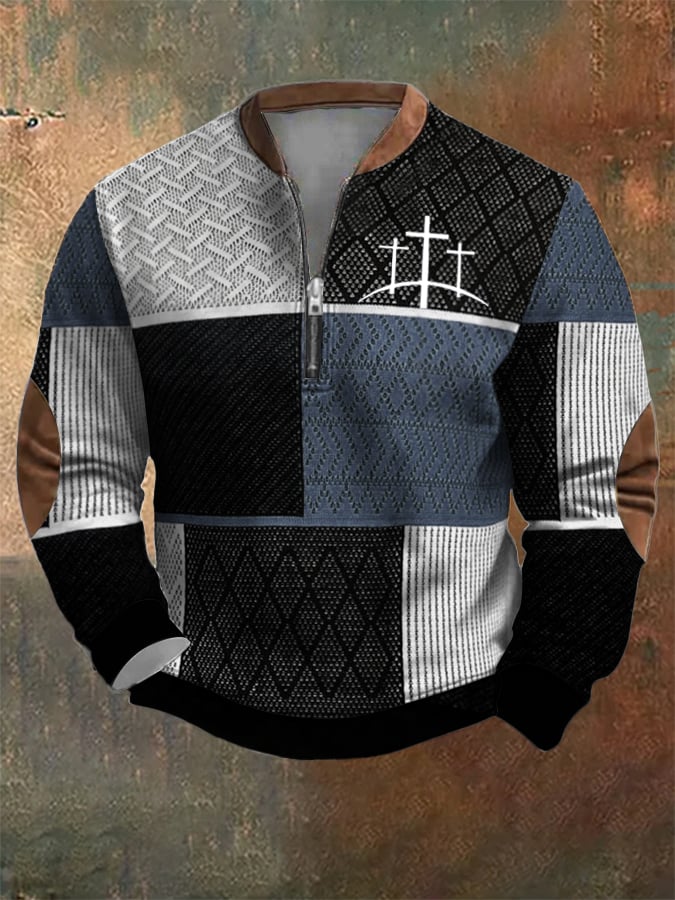Sudadera retro Western texturizado Faith Cross estampado cierre Neck para hombre