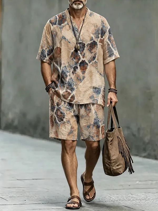 para hombre Marble Geometric Art Print Half Button camisa shorts 2pcs Set